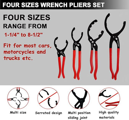5Pcs Adjustable Oil Filter Pliers Set, Universal Oil Filter Removal Tool with Small Oil Funnel, 10" & 12" & 14" & 16" Oil Fliter Wrench From 1-1/4" to 8-1/2"