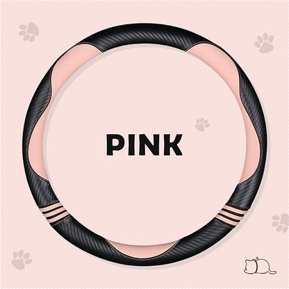 Car Steering Wheel Covers for Women Girl Padded Carbon Fiber PU Leather Cute Cartoon Auto Interior Accessories for Jeep, Truck, Universal, Anti Slip, Pink, Large Size 15.5-16"(39-41cm)