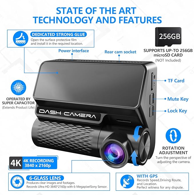 4K Dash Cam Front and Rear, 30FPS Dash Camera for Cars with UHD 2160P Night Vision, 3'' IPS Screen Dual Dashcam Built-in WiFi with GPS, App Control, 24H Parking Mode, G-Sensor