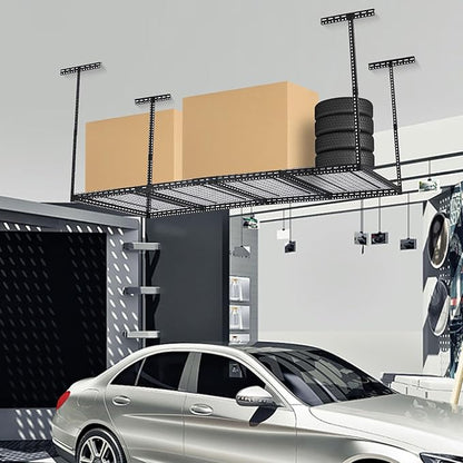 Overhead Garage Storage Rack 4x6 FT, Steel Ceiling Shelves 330lb Capacity, Height Adjustable 22-40 Inches, Space-Saving for Attic Basement Shed (Black, 4 Posts)
