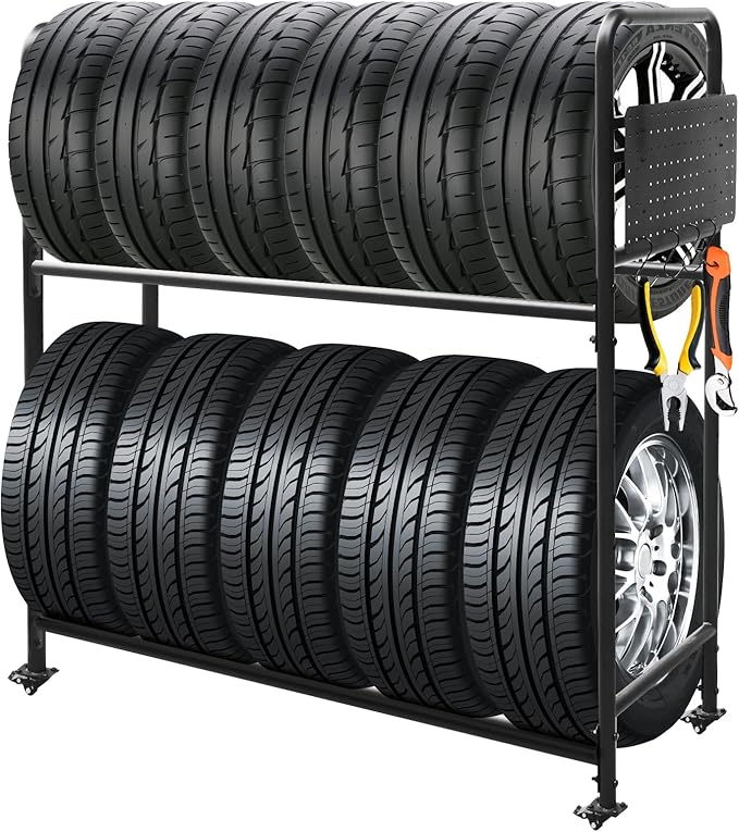 Rolling Tire Rack for Garage, Adjustable Metal Tire Rack with Foldable Heavy-Duty Hole Board, 4 Self-Locking Swivel Casters, 59” Height, 660 Pound Capacity