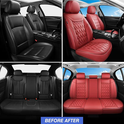Car Seat Covers Full Set, Leather Seat Covers for Cars, Car Seat Protector Waterproof, Non-Slip Car Interior Covers Fit for Most Cars, SUV, Vans, Trucks,5Seaters,Full Set,Wine-Red