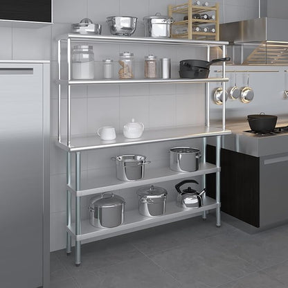 Amgood Stainless Steel Work Table with 2 Shelves | Metal Kitchen Prep Table & Shelving Combo (14" x 60" Table with 2 Shelves + 12" Overshelf)