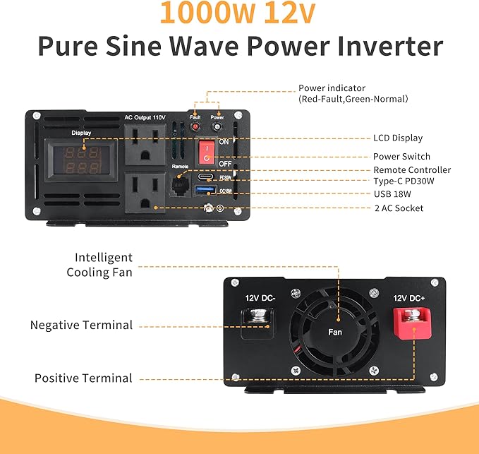 1000 Watt Pure Sine Wave Power Inverter DC 12V to 110V/120V AC Converter with 2 AC,18W USB, and 30W Type-C Charging Ports, Car Solar Power Inverters with LCD Display for Home RV Truck