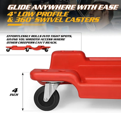 Magshion Automotive Creeper Under Car Roller, 40 Inch Low Profile Creepers with Padded Headrest and Tool Tray, 330 lbs Capacity Portable Floor Creeper for Home Garage Automotive Shop (Red)