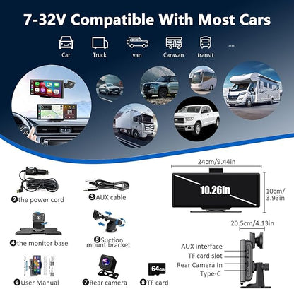 Wireless Carplay Screen for Car, 10.26" HD Touchscreen with 4K Dash Cam Portable Carplay & Android Auto Car Stereo with Backup Camera, GPS Navigation Mirror Link, Bluetooth, FM, Siri