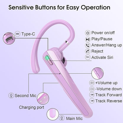 Bluetooth Headset V5.3, Wireless Earpiece with Dual ENC Noise Canceling Mic, 120H Hand-Free Talk Single-Ear Bluetooth Earpiece with LED Display, IP7 Waterproof Headphones for Trucker/Business, Purple
