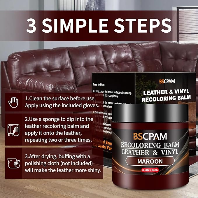 Maroon Leather Recoloring Balm,Leather Couch Scratch/Stain Remover,Leather Repair kit for Vinyl Furniture and Car Interior,Leather Dye Paint for Scratched and Faded Leather Couches