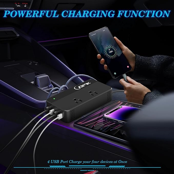 BMK 200W Car Power Inverter DC 12V to 110V AC Car Inverter 4 USB Ports Charger Adapter Car Plug Converter with 2 QC3.0 USB and 2 Type C Ports (Black)