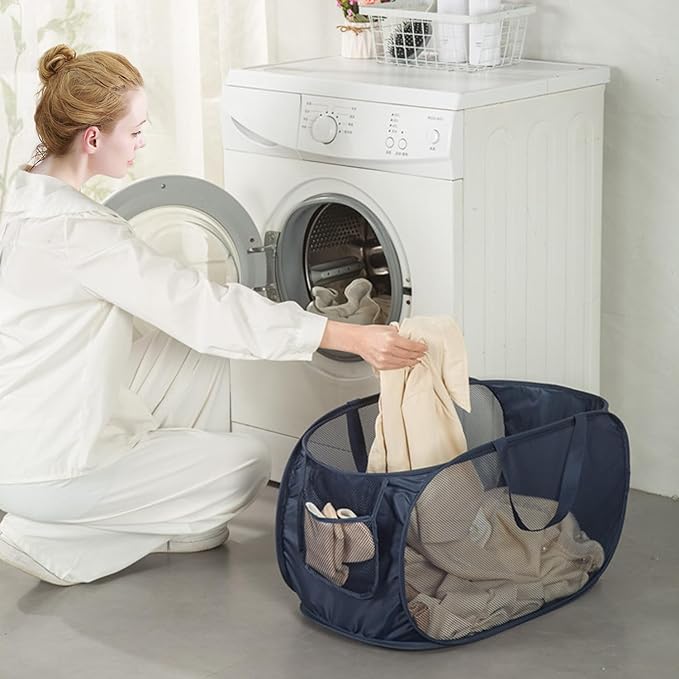 Sturdy Mesh Laundry Hamper Basket Bag,Pop up Basket with Side Pocket for Laundry Room, Bathroom, Kids Room, College Dorm or Travel (Pop Horizontal, Pink)