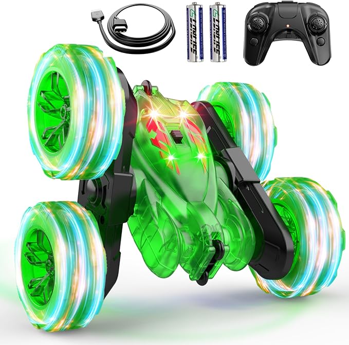 Remote Control Car-Rechargeable Fast Direct Charging RC Cars For Kids with Colorful Light,Double-Sided 360° Rotating RC Stunt Car 4WD RC Truck Car Toys for Ages 5-7 Gift for Boys Girls Aged 8-12 Green