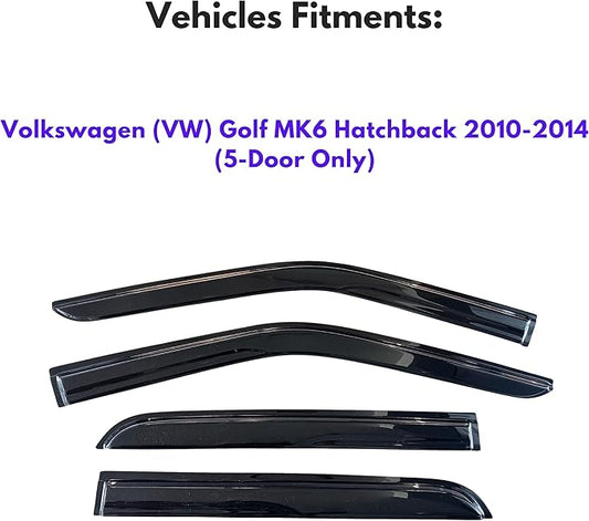 KPY Window Visor Compatible with Volkswagen (VW) Golf MK6 Hatchback 2010-2014, 4PC Rain Guard Side Window Vent Deflectors Tape-On Mugen Style, 2010 2011 2012 2013 2014