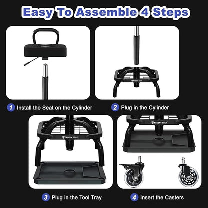 Rolling Shop Stool with Wheels, Garage Mechanic Shop Chair with Handle Backrest, Adjustable Height Work Stool, Roller Seat with Tool Tray Storage, Heavy Duty, 330 LBS Capacity, Black