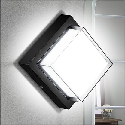 Exterior Wall Lights, Modern Waterproof Outdoor Wall Mount Lighting, Black Square Small Led Porch Light with Anti-Rust 6000K Daylight 12W for Garage, Entryway,House