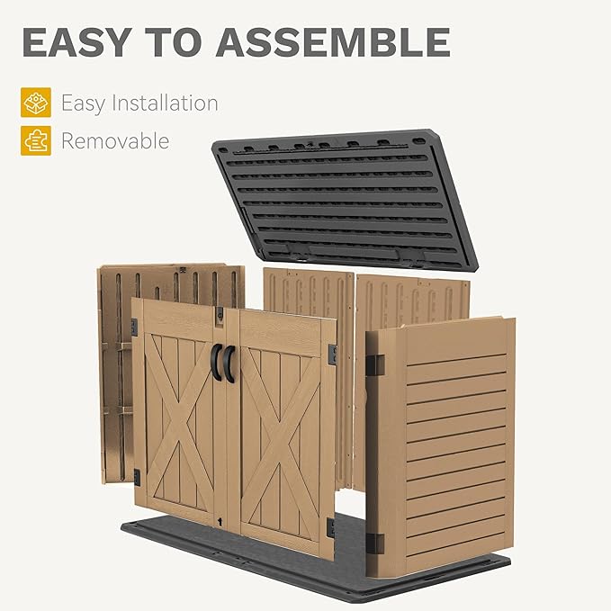 DWVO Outdoor Storage Shed, Weatherproof Resin, 35 Cu Ft Capacity, Horizontal Design, X-Shaped Lockable Door, Suitable for Bike, Garden Tools, Trash Cans, Brown