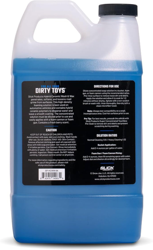 Slick Products Wash & Wax Extra Thick Foaming Cleaning Solution Motorcycle, Truck, Trailer, Boat, Car Wash Soap - Works With Foam Cannon, Foam Gun, Sprayers, Buckets, 64 oz., Tropical Scent
