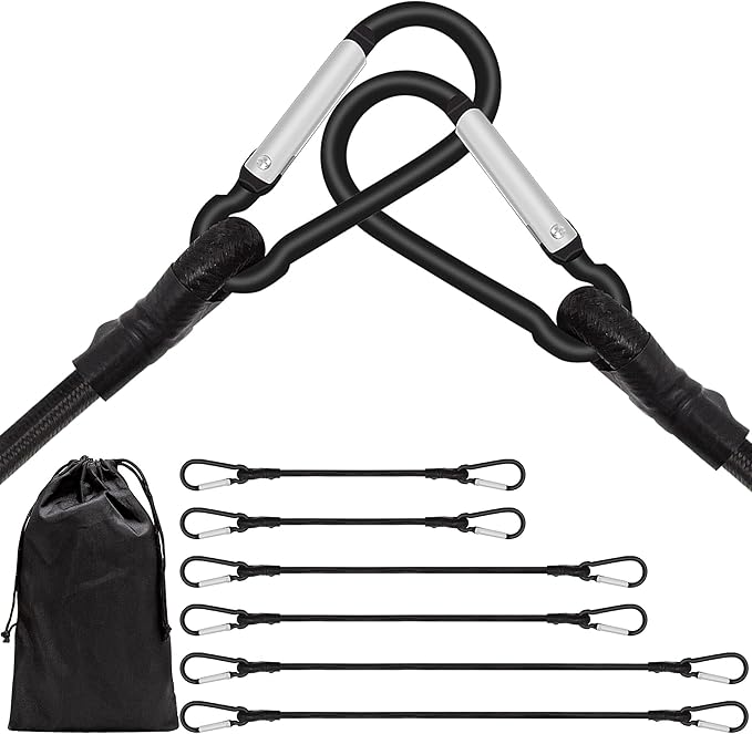 6 Piece Bungee Cords with Hooks - Heavy Duty Outdoor Bungee Cord Includes 24", 40", 60", Extra Strong Carabiner Bungee Cord with Metal Hook for Camping, Tarps, Bike Rack, Tent, Car