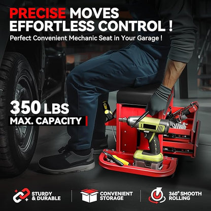 Auto Dynasty 3-Drawer Mechanic Rolling Seat, 350 LBS Capacity Roller Garage Shop Seat with Storage Tool Tray for Workshop, Repair Shop, Warehouse, Red