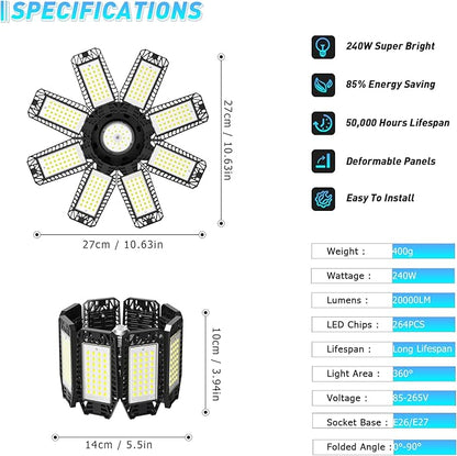 Garage Light - 240W 24000LM 6500K Garage Lights Ceiling LED with 8+1 Deformable Panels, E26/E27 Screw Socket in LED Shop Light for Workshop, Basement, Gym, Barn, Warehouse etc Bay Lighting