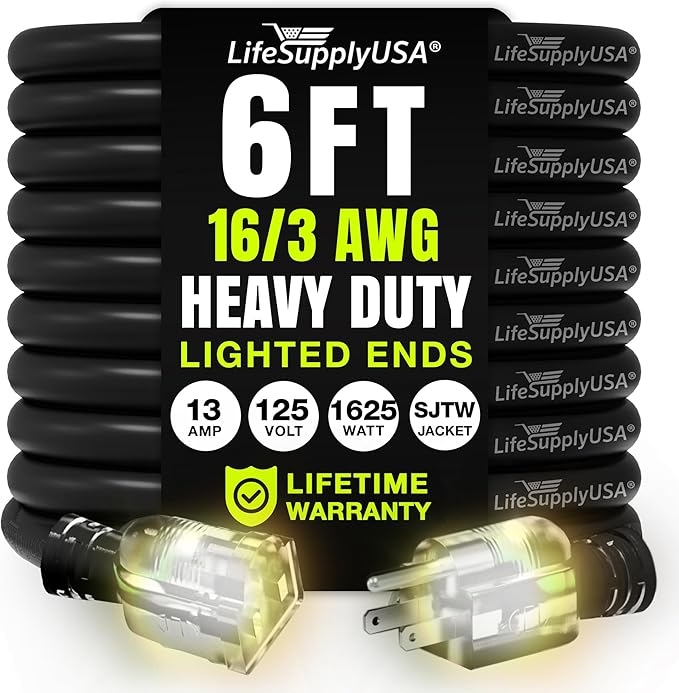 6ft Outdoor/Indoor Extension Cord 16/3 Gauge Heavy Duty 3 Prong SJTW, Waterproof, Flexible Cold-Resistant Long Power Cord,13A 125V 1625W, Black by LifeSupplyUSA