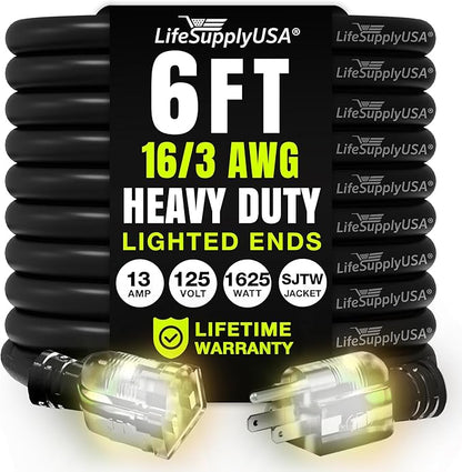 6ft Outdoor/Indoor Extension Cord 16/3 Gauge Heavy Duty 3 Prong SJTW, Waterproof, Flexible Cold-Resistant Long Power Cord,13A 125V 1625W, Black by LifeSupplyUSA