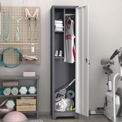 GREATMEET Slim Lockable Garage Storage Cabinet, Narrow Broom Storage Closet, 65" Metal Cleaning Tool Cabinet with Lock and Door,Utility Cabinets for Brooms and Mops for Laundry Room, White&Grey