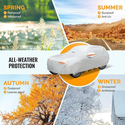 30 Layers SUV Car Cover for Automobiles All Weather Waterproof, Outdoor Snowproof UV Protection Windproof, Door Zipper, Soft Cotton, Heavy Duty Universal Car Covers, (Silver, Fit SUV 191"-200")