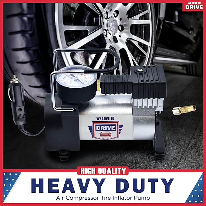 Tire Inflator Portable Air Compressor For Car Tires & Inflatables, 12V DC One Cylinder Air Pump For Emergency Kit with 150 PSI Pressure Gauge, Adaptors, Hose, Car Plug, Clip Connectors & Carry Bag