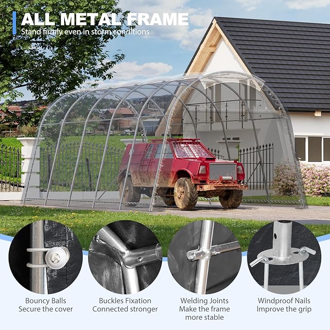 Carport 12x20 ft Heavy Duty w/Translucent Roof, All-Season Waterproof UV Protected Outdoor Car Ports w/Reinforced Metal Frame Ventilated Doors,Portable Garage Car Shelter for Boat Truck Yacht
