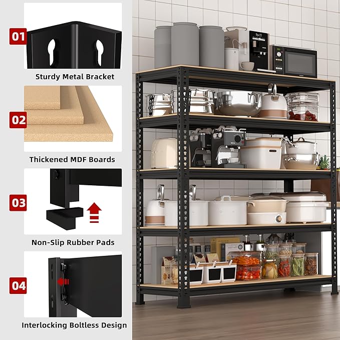5-Shelf Heavy Duty Shelving - Adjustable Garage Storage Shelves, Metal Utility Storage Racks for Warehouse Pantry Basement Kitchen, Garage Organizers Shef Unit, Black, Packs of 3