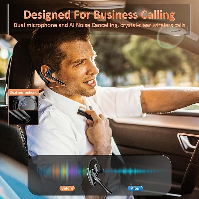 Wireless Bluetooth Headset with AI Noise Cancelling, 30Hrs Talk Time & Ultra Comfort - Hands-Free Earphones for Truck Drivers, Office, Home (V5.3)