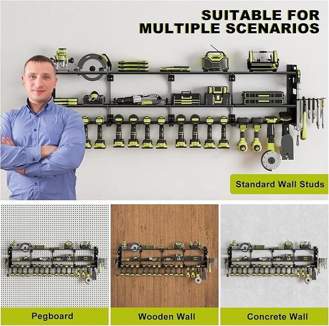 64" Power Tool Organizer Wall Mount, 16 Slots, 3-Tier Drill & Cordless Tool Storage Holder with Pegboard Sides, Tool Wall Organizer for Garage & Workshop Black