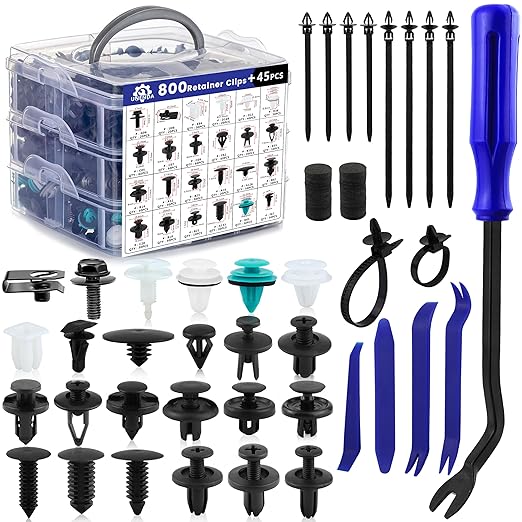 Car Push Retainer Clips 845pcs with 24Most Popular Push Pins for Automotive Parts Sizes Auto Push Pin Screw Clips with 10 Cable Ties and Blue Fastener Remover for Ford GM Toyota Honda Chrysler Nissan