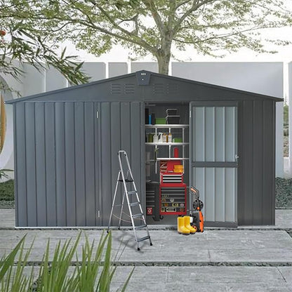 IKERY Extra - Large Galvanized Steel Storage Shed - 11' x 12.5' with Windows and Lock, Garden and Utility Tool Shed for Backyard and Patio, Dark Gray