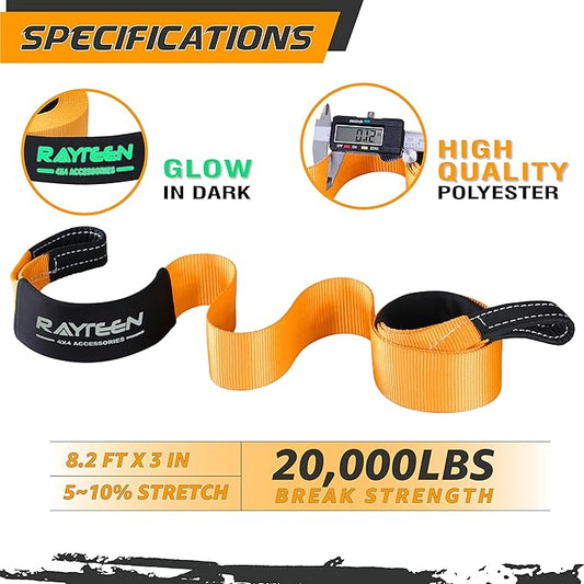 Genuine 33,000lb Xtreme Heavy Duty Recovery Tow Strap(20ft x 4in) + 20,000lb Tree Saver Strap(8.2ft x 3in) | Include Reflective Sleeve & Reinforced Loop | Suits for 4x4 Offroad UTV ATV Trucks
