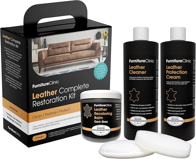 Furniture Clinic Leather Complete Restoration Kit | with Leather Recoloring Balm, Cleaner, 2-in-1 Protection Cream & Conditioner, Sponge, and Cloth | Repair Kit for Furniture (Dark Grey)