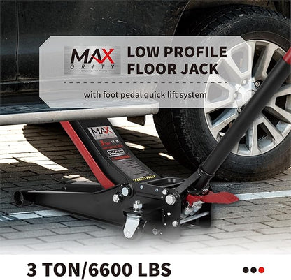 3-Ton (6600lbs) Low-Profile Dual Pistons Heavy-Duty Steel Racing Floor Jack with Quick Lift Hydraulic Pump, Foot Pedal and Magentic Pad for Car Maintenance (Red, 3 Ton Low Profile)