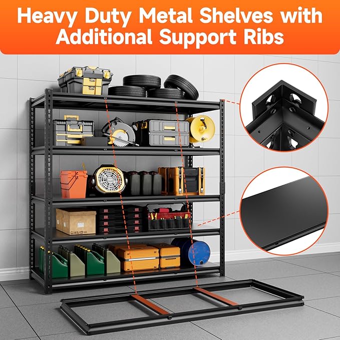 5 Tier 60”D X 24”W X 78”H Garage Shelves Heavy Duty 3000LBS Adjustable Metal Storage Shelves for Garages Shops and Basements (Black)