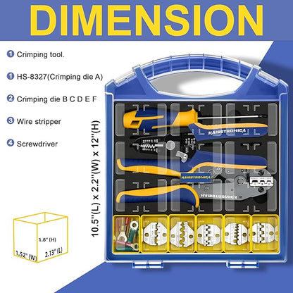 haisstronica Crimping Tool Set - 6PCS Crimping Die for Heat Shrink,Insulated Nylon,Non-Insulated,Ferrule Wire End,Open Barrel Terminals,Solar Connectors - with Wire Stripper Tool and Screwdriver