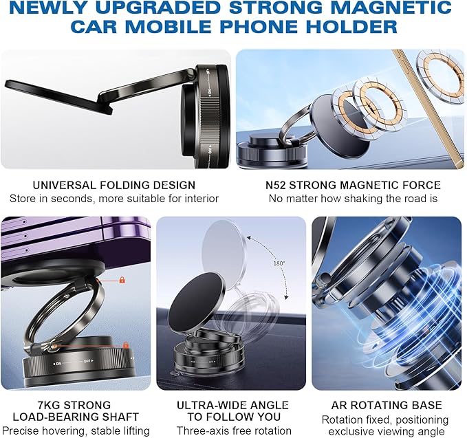 Vipbu Phone Mount, Vipbu Phone Holder, Car Phone Holder, 360° Adjustable Vacuum Magnetic Phones Holders, Foldable Car Mount, Universal Adjustable Stand for Phone Smartphones (White)