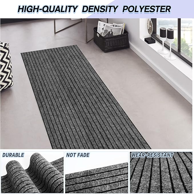 Custom Size Backed Non-Slip Area Rugs Runner, Easy Clean, Waterproof Runner Rugs for Hallway Entryway, Kitchen, Laundry, 2FT x 39FT, Gray Stripe