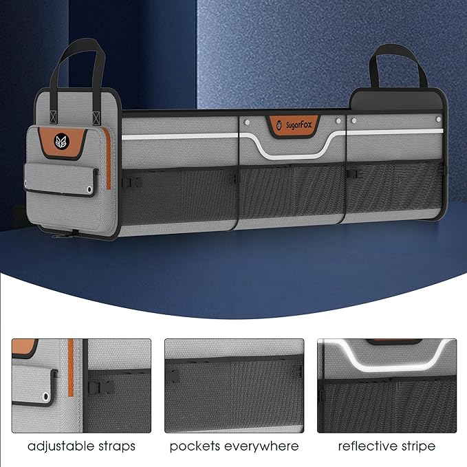Trunk Organizer, Heavy-Duty Storage for Car & SUV, Foldable Waterproof Car Organizer with Cooler, Collapsible Multi-Compartment Storage, 95L, Grey-M003