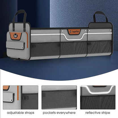 Trunk Organizer, Heavy-Duty Storage for Car & SUV, Foldable Waterproof Car Organizer with Cooler, Collapsible Multi-Compartment Storage, 95L, Grey-M003
