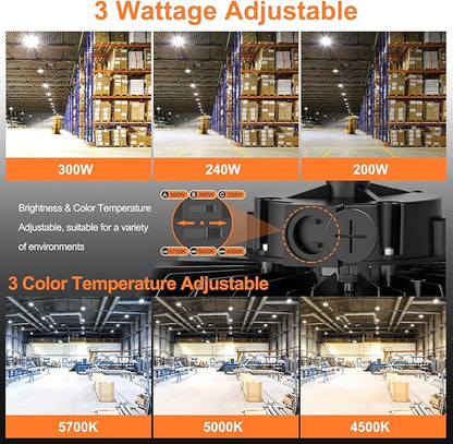 9Pack LED High Bay Lights, 300W UFO High Bay LED Shop Lights, 45000LM Adjustable CCT(5700K 5000K 4500K) & Power(300W 240W 200W), 0-10V Dimmable, 5' Cable Plug, IP65 Waterproof, ETL & DLC Listed