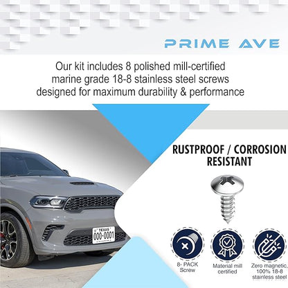 Stainless Steel License Plate Screws for License Plates, Frames, Covers - Rust Proof Licence Plate Screw Set for Front/Rear - Compatible with Chrysler Dodge Jeep & Ram (Pack of 8)