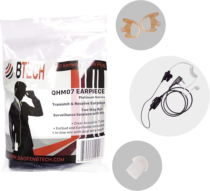 BTECH QHM07 Platinum Series Noise-Cancelling Earpiece with in-line PTT & Microphone for K1 Radios Like BaoFeng, Kenwood Radios (Includes Earmolds and Earbud, 1 Pack)