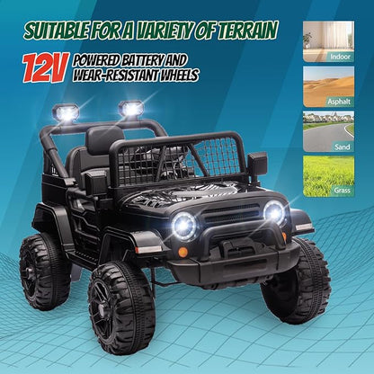 JOYMOR 12V Kids Ride on Truck with Remote Control, 4 Wheels Battery Powered Kids Car, Electric Play Car with LED Lights/Horn/Remote and Manual Control/3-5 MPH Speed/Gift for Girl Boy (Black)