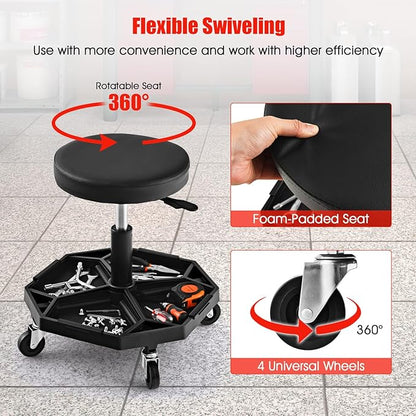 IRONMAX Rolling Mechanic Stool, Adjustable Shop Stool Creeper Seat with Removable Tool Tray, Padded Plush Cushion, Universal Wheels, Heavy Duty Metal Frame, 330 LBS Max Load (Black)