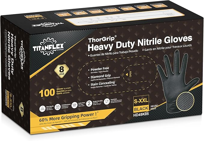 TitanFlex Thor Grip Heavy Duty Black Industrial Nitrile Gloves with Raised Diamond Texture, 8-mil, Latex Free