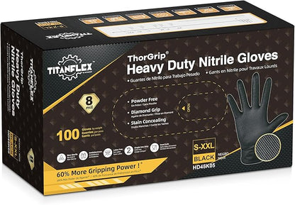 TitanFlex Thor Grip Heavy Duty Black Industrial Nitrile Gloves with Raised Diamond Texture, 8-mil, Latex Free